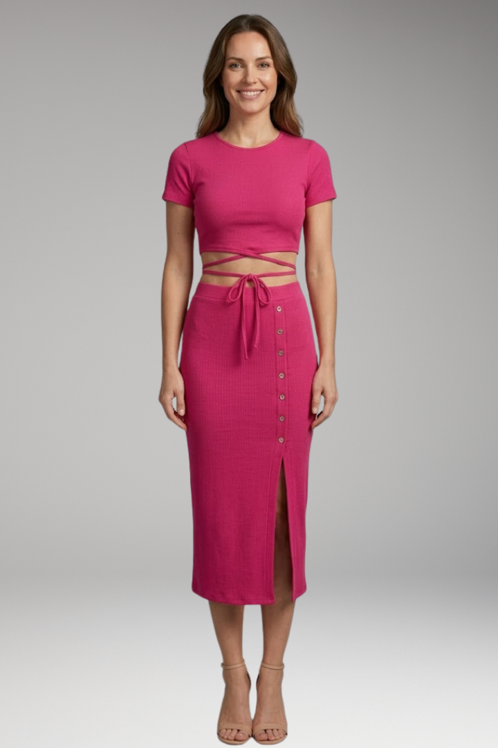 Women's Two Piece Set with Crop Top and Buttoned Skirt