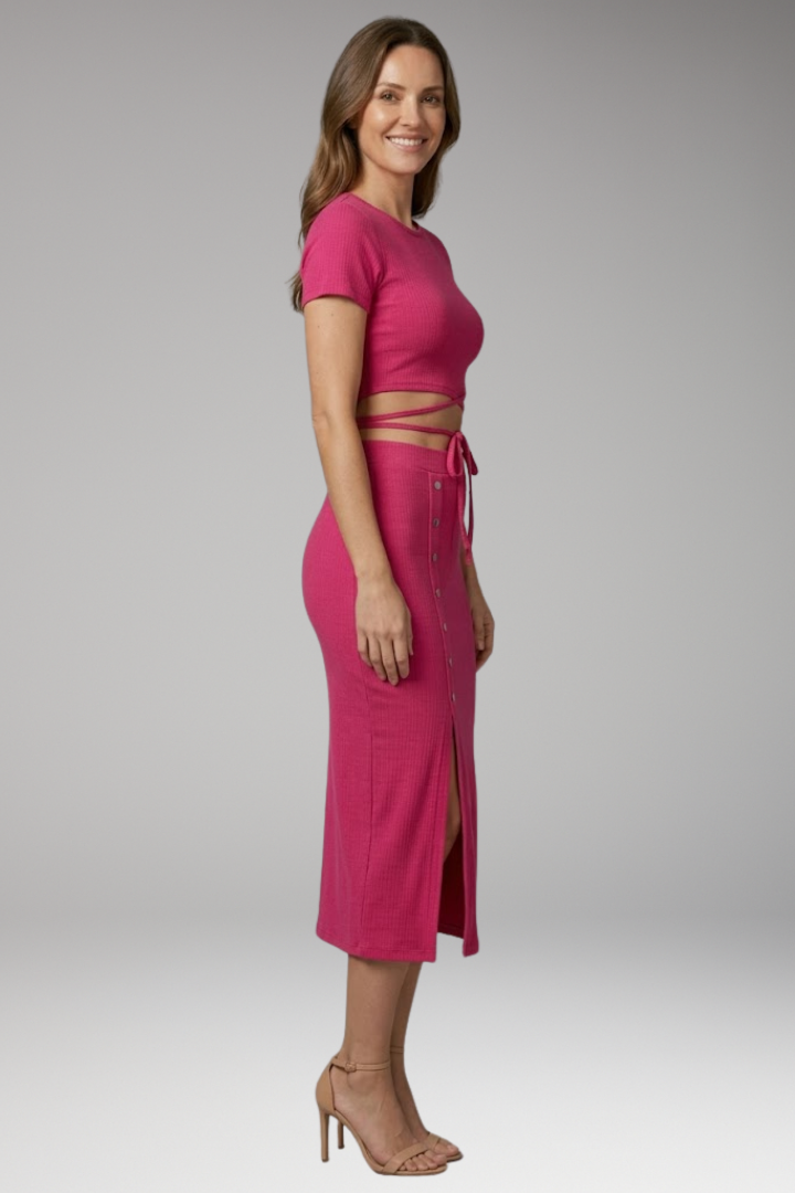 Women's Two Piece Set with Crop Top and Buttoned Skirt