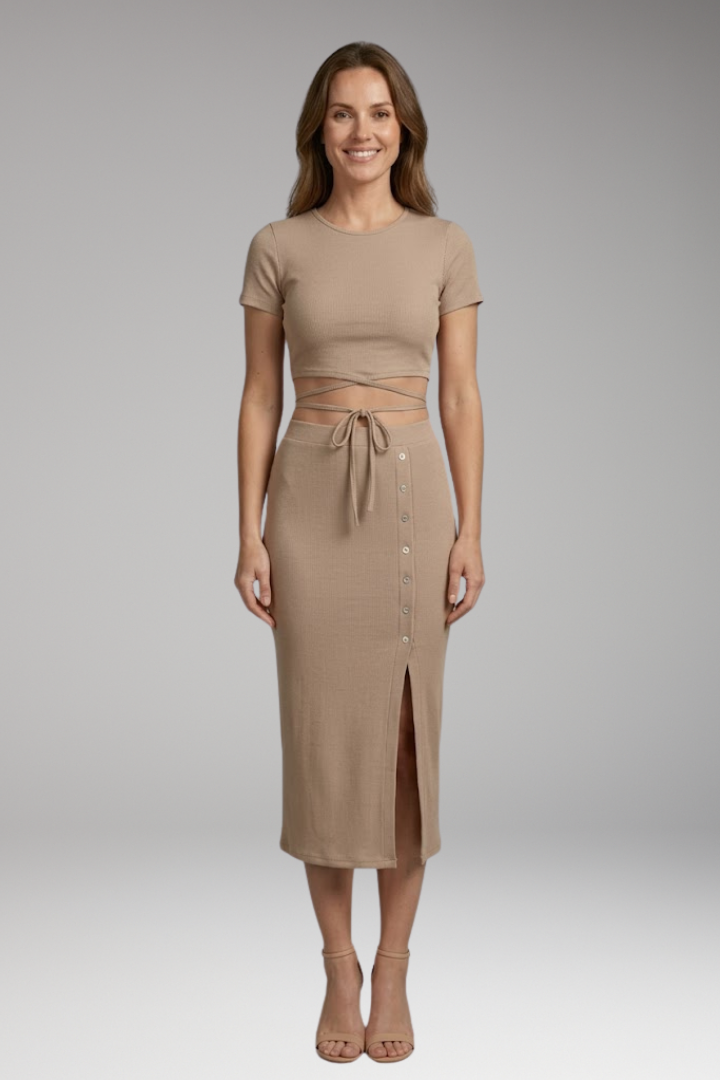 Women's Two Piece Set with Crop Top and Buttoned Skirt