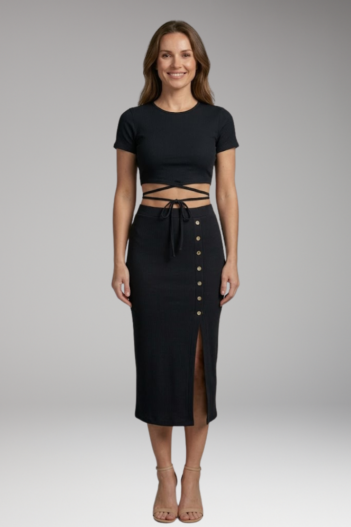 Women's Two Piece Set with Crop Top and Buttoned Skirt