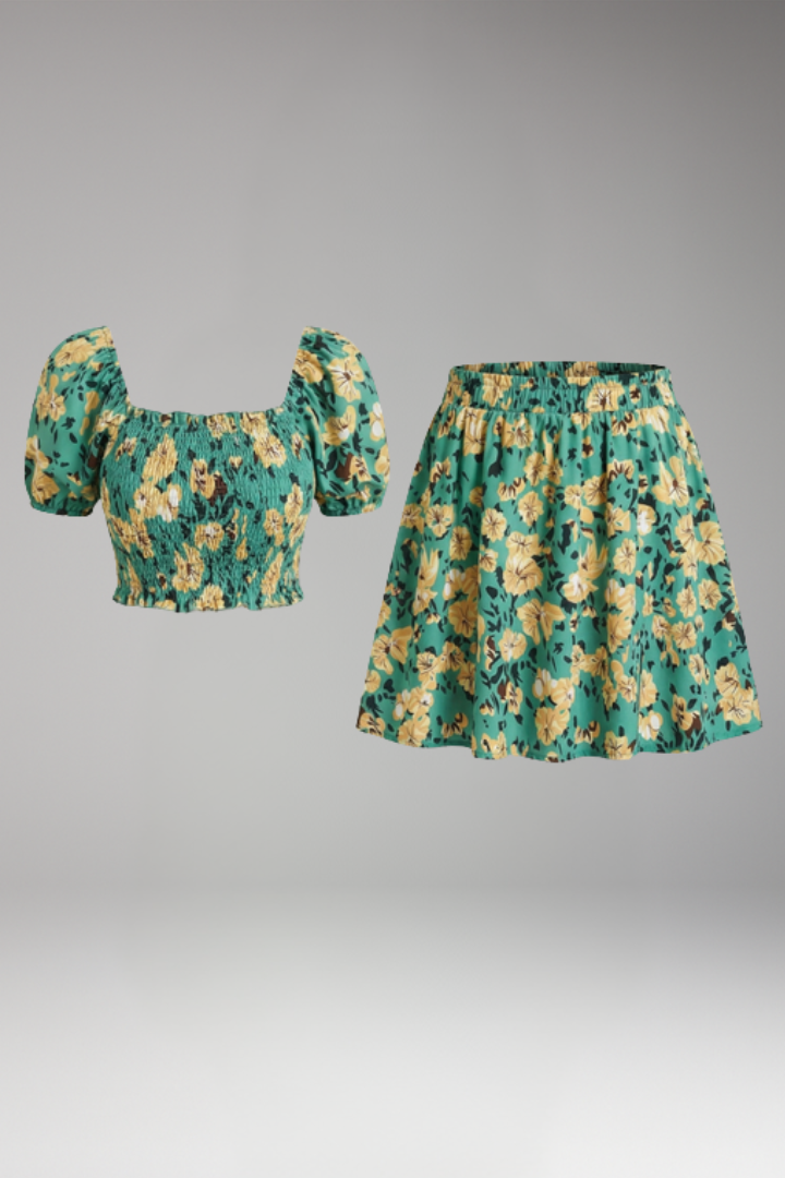 Women's Two Piece Set with Floral Pattern Top and Skirt
