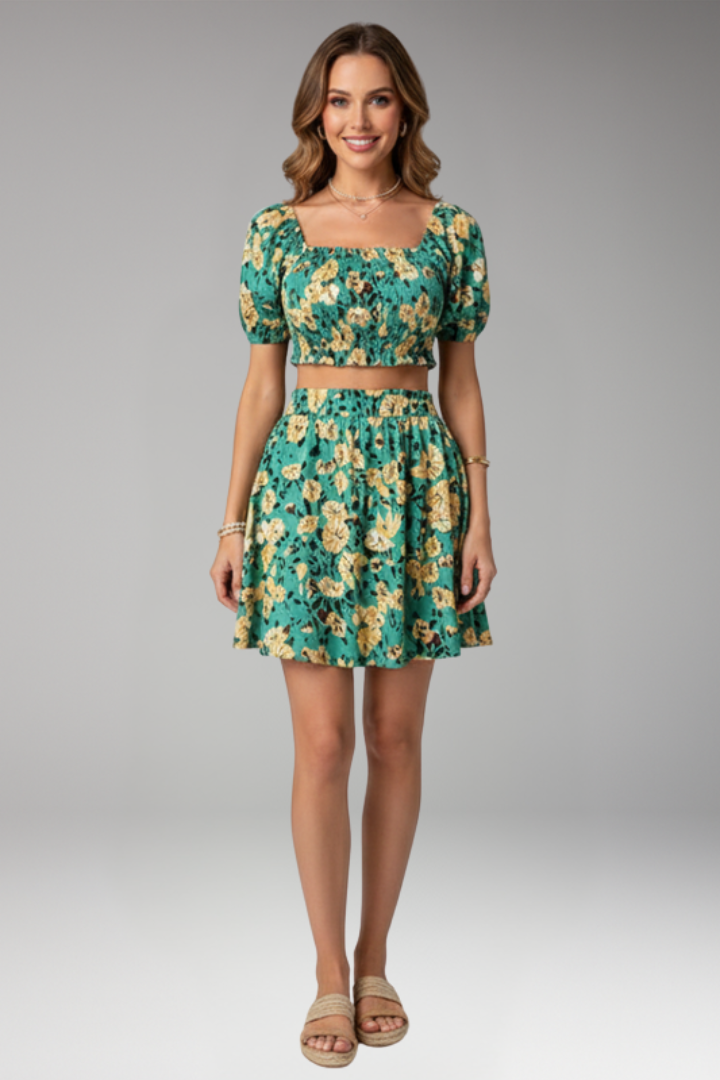 Women's Two Piece Set with Floral Pattern Top and Skirt