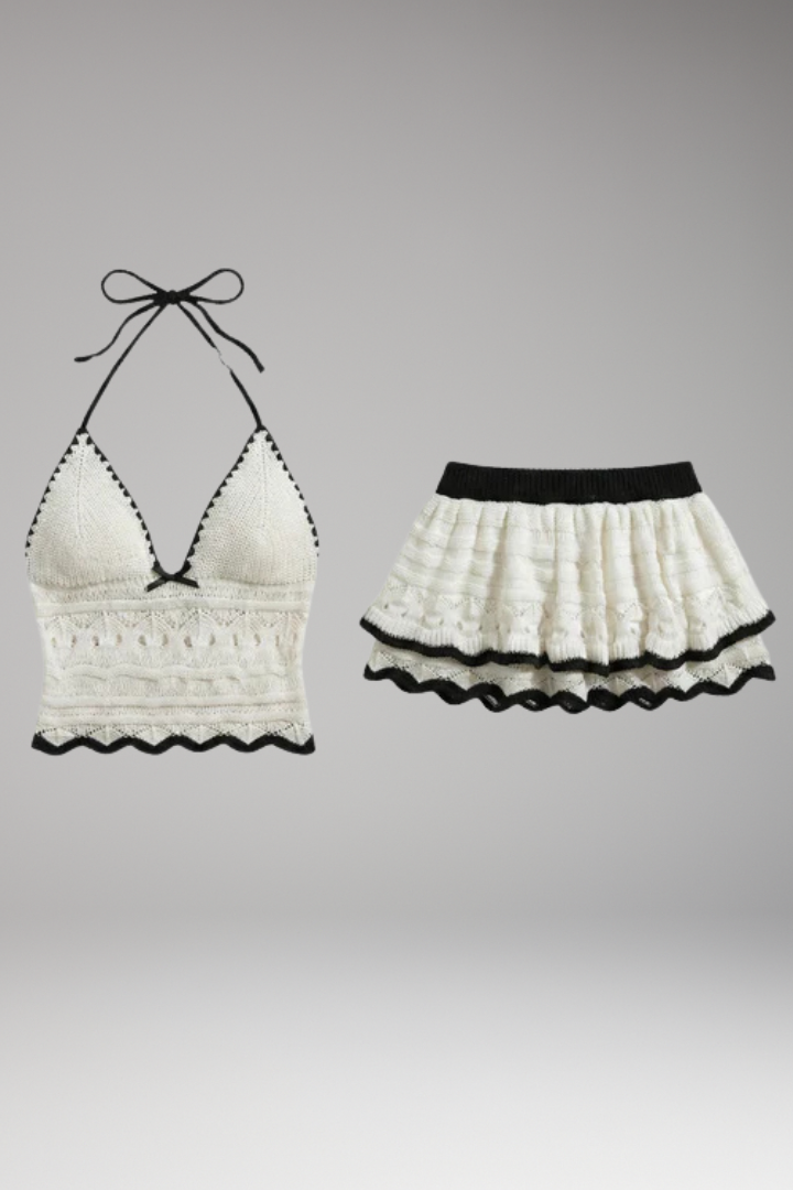 Women's Two Piece Set with Halter Neck Top and Ruffled Skirt
