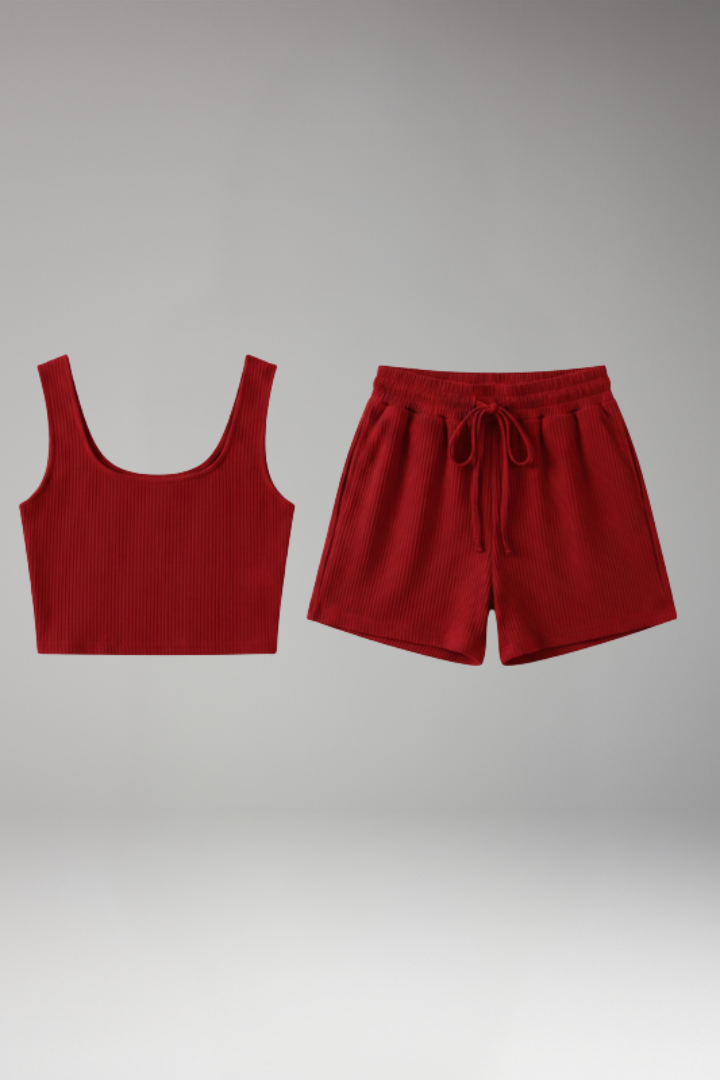 Women's Two Piece Set with Ribbed Crop Top and Shorts