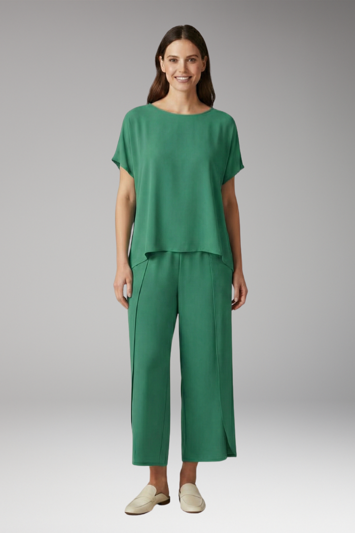 Women's Two Piece Set with Round Neck Top and Trousers
