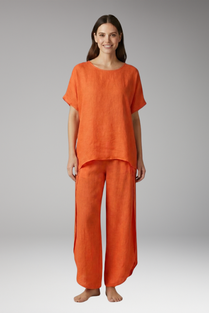 Women's Two Piece Set with Round Neck Top and Trousers