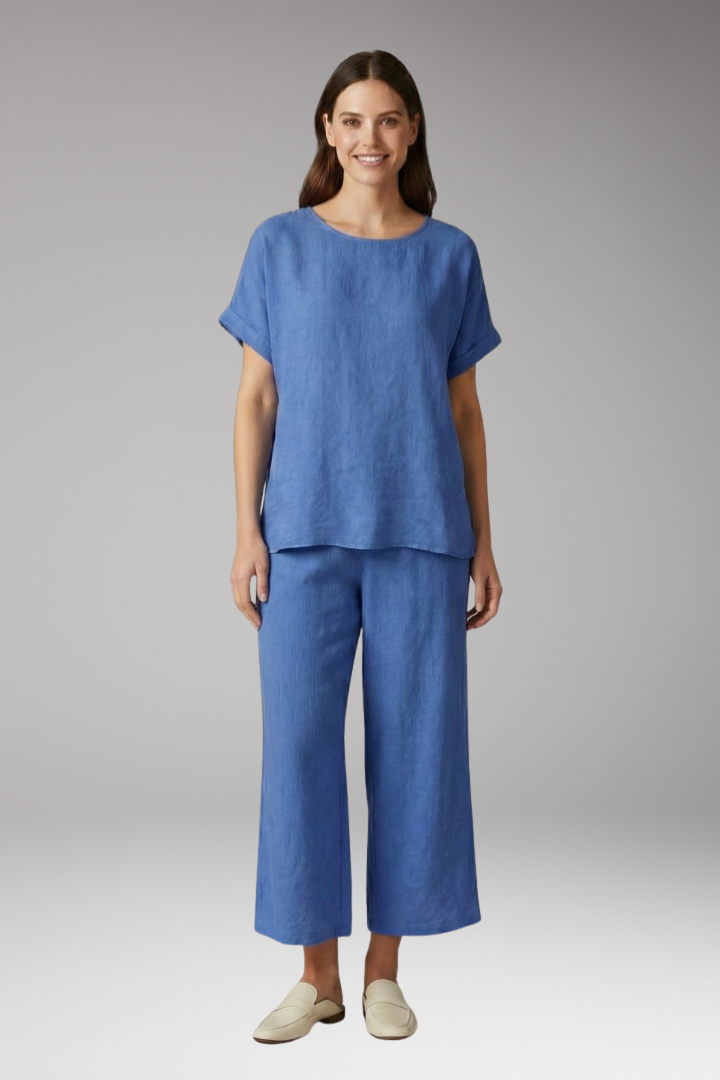 Women's Two Piece Set with Round Neck Top and Trousers