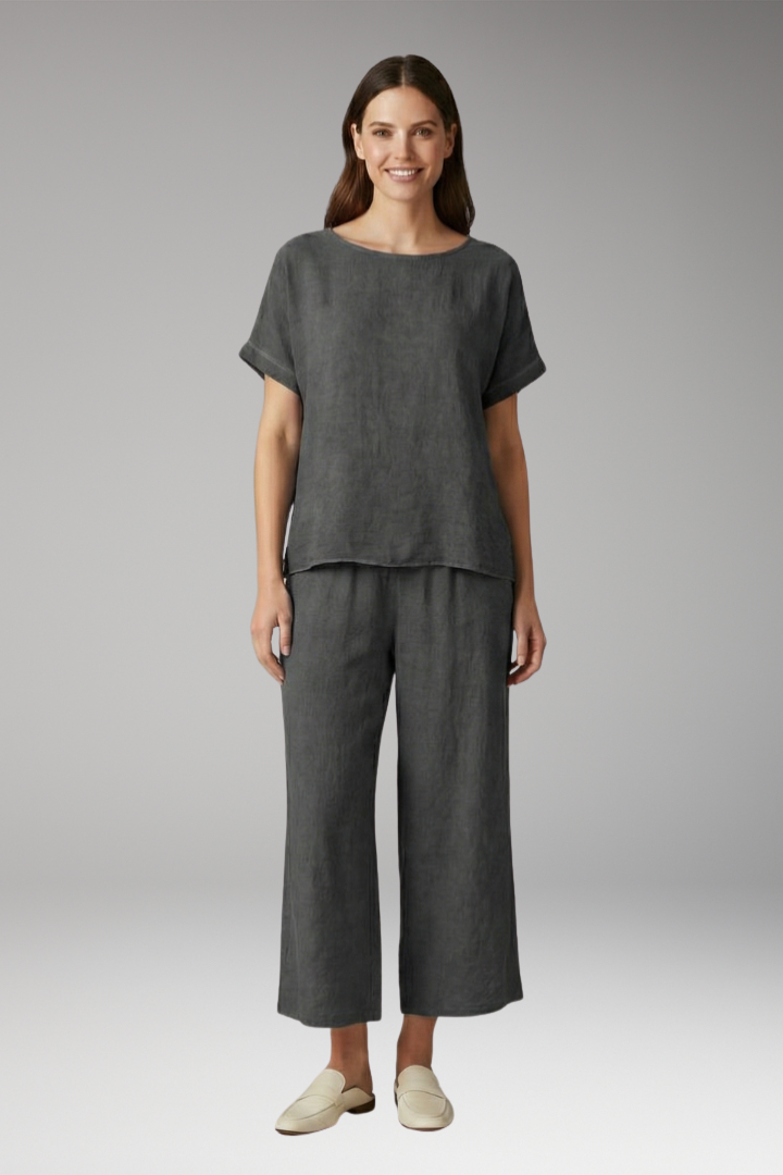 Women's Two Piece Set with Round Neck Top and Trousers
