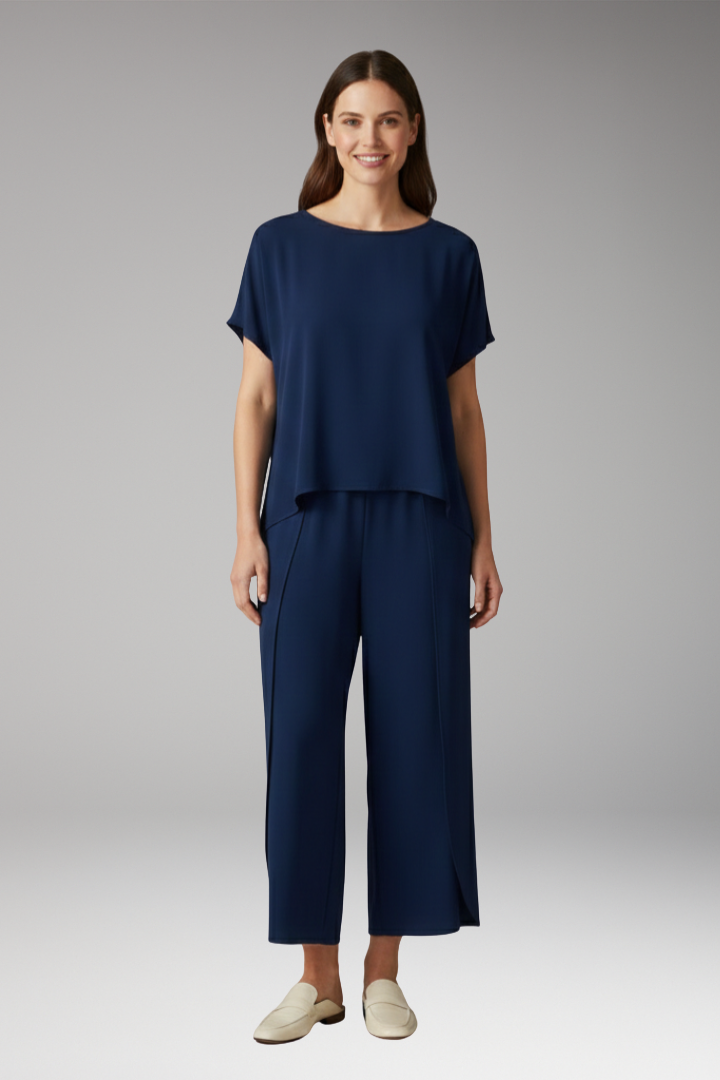 Women's Two Piece Set with Round Neck Top and Trousers