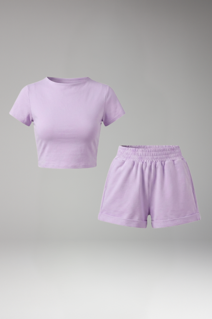 Women's Two Piece Set with Round Neck Top and Shorts