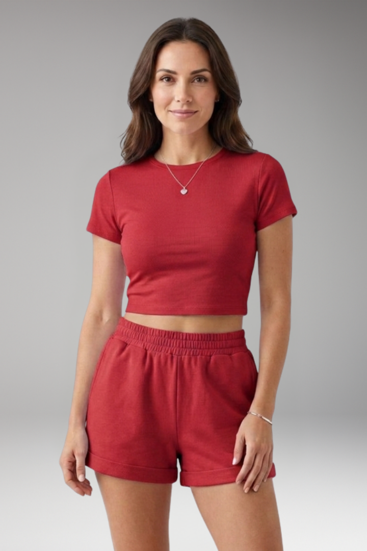 Women's Two Piece Set with Round Neck Top and Shorts