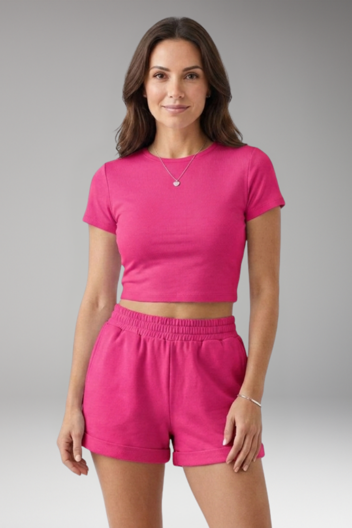 Women's Two Piece Set with Round Neck Top and Shorts