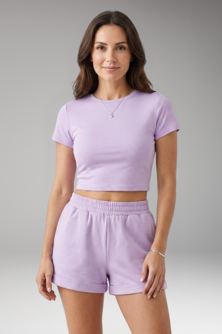 Women's Two Piece Set with Round Neck Top and Shorts