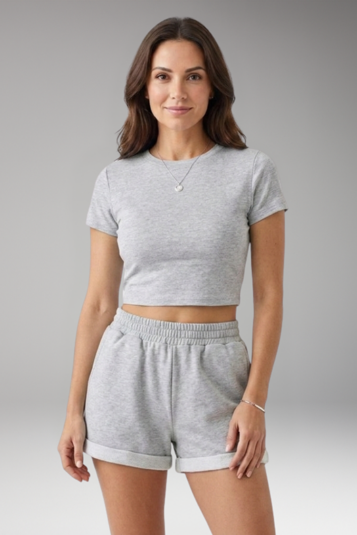 Women's Two Piece Set with Round Neck Top and Shorts