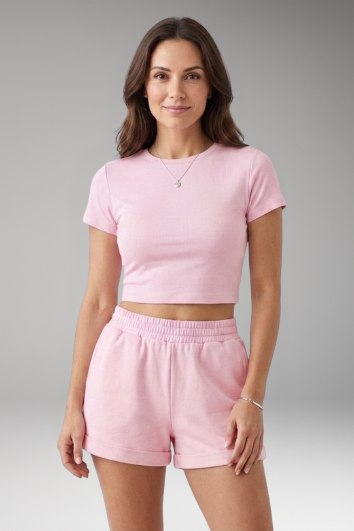 Women's Two Piece Set with Round Neck Top and Shorts