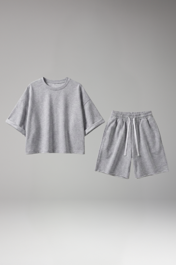 Women's Two Piece Set with Round Neck and Shorts
