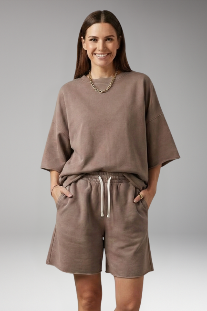 Women's Two Piece Set with Round Neck and Shorts