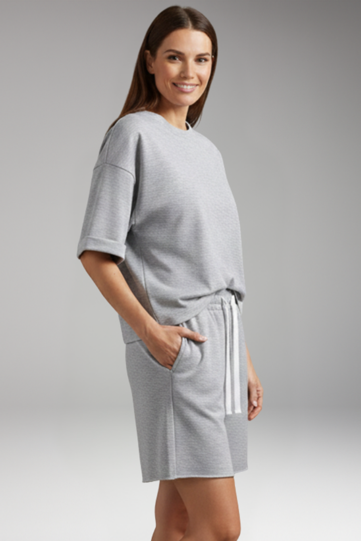 Women's Two Piece Set with Round Neck and Shorts