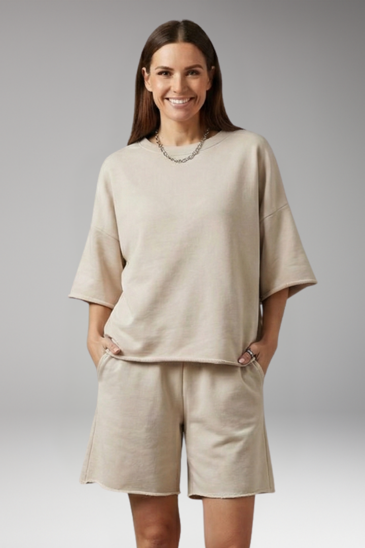 Women's Two Piece Set with Round Neck and Shorts