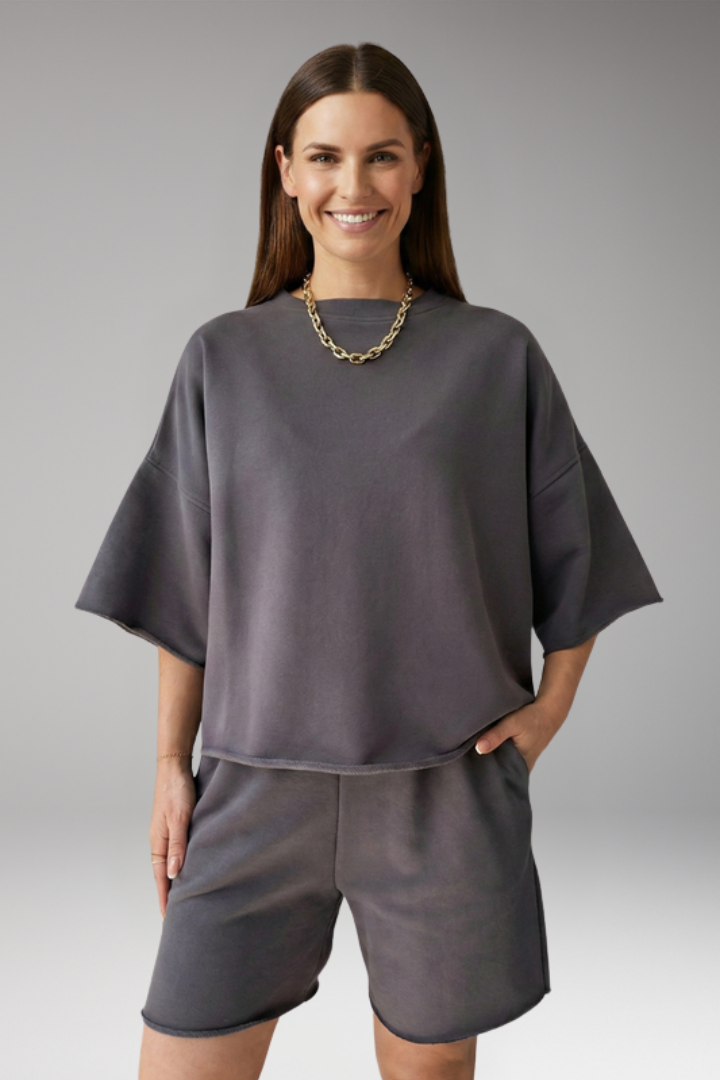 Women's Two Piece Set with Round Neck and Shorts
