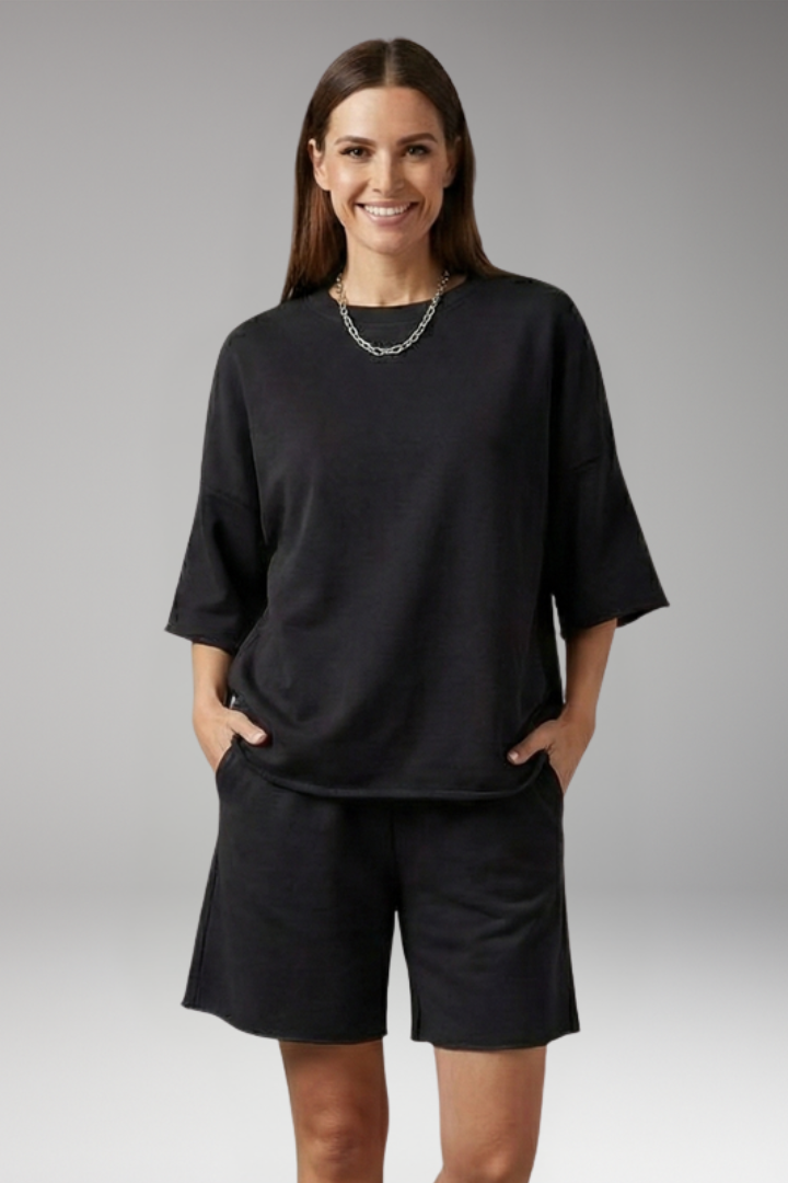Women's Two Piece Set with Round Neck and Shorts