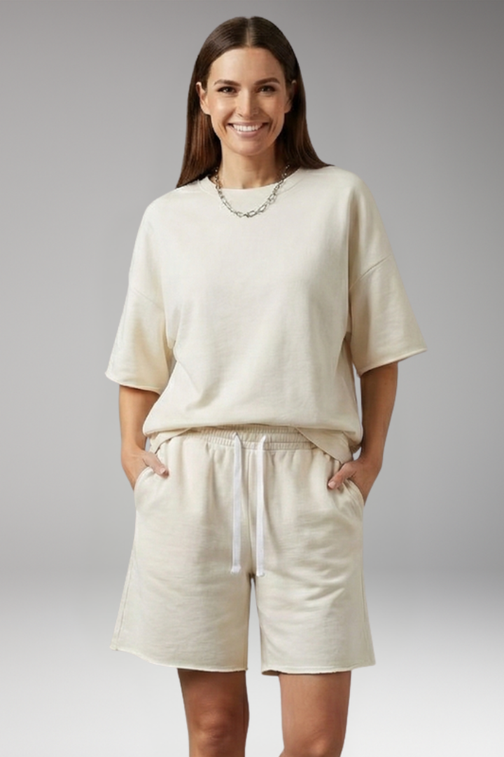 Women's Two Piece Set with Round Neck and Shorts