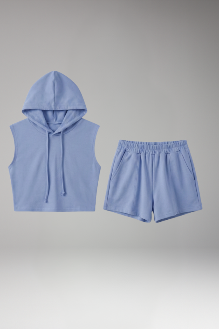 Women's Two Piece Set with Sleeveless Hooded Top