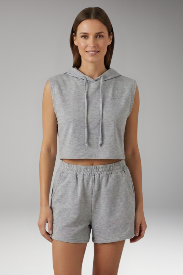 Women's Two Piece Set with Sleeveless Hooded Top