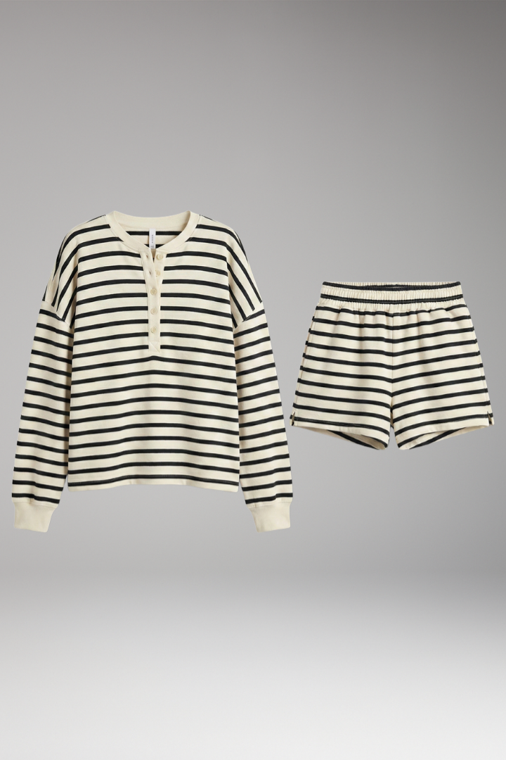 Women's Two Piece Set with Striped Top and Waist Shorts