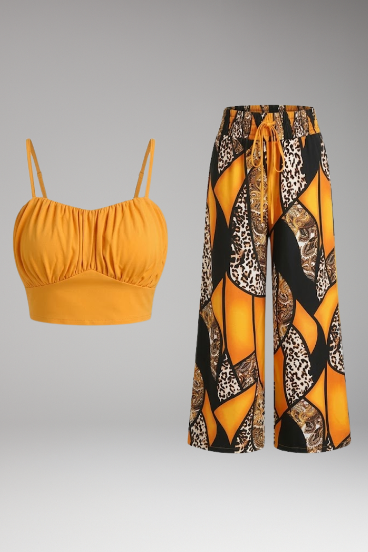 Women's Two Piece Set with Top and Wide-Leg Trousers