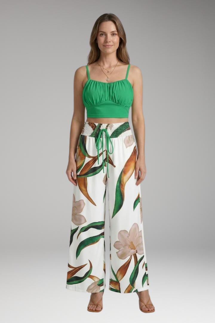 Women's Two Piece Set with Top and Wide-Leg Trousers