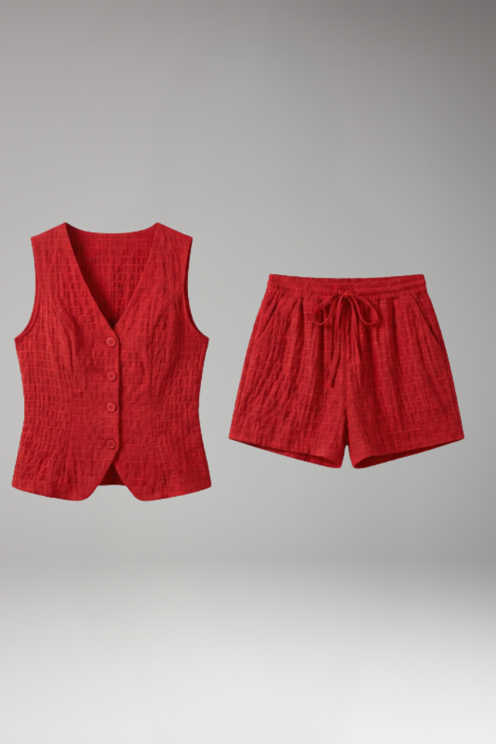 Women's Two Piece Set with V Neck Top and Waist Shorts