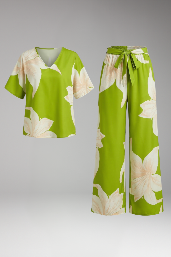 Women's Two Piece Set with V Neck Top and Wide Leg Trousers