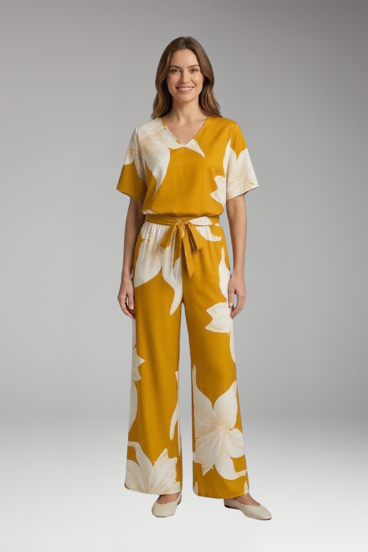 Women's Two Piece Set with V Neck Top and Wide Leg Trousers