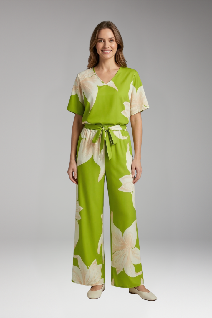 Women's Two Piece Set with V Neck Top and Wide Leg Trousers