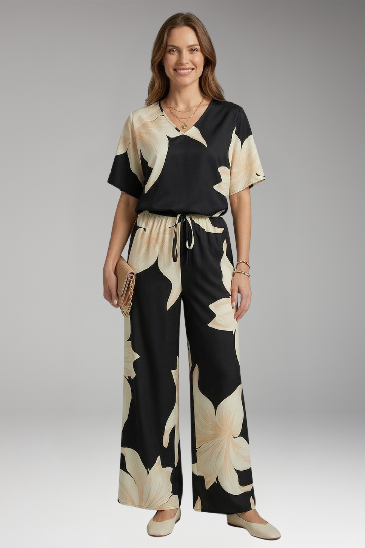 Women's Two Piece Set with V Neck Top and Wide Leg Trousers