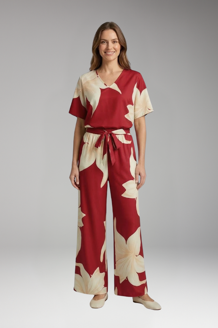 Women's Two Piece Set with V Neck Top and Wide Leg Trousers