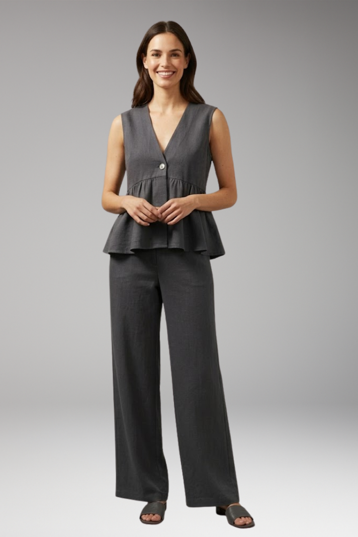 Women's Two Piece Set with V Neck Top and Wide Leg Trousers
