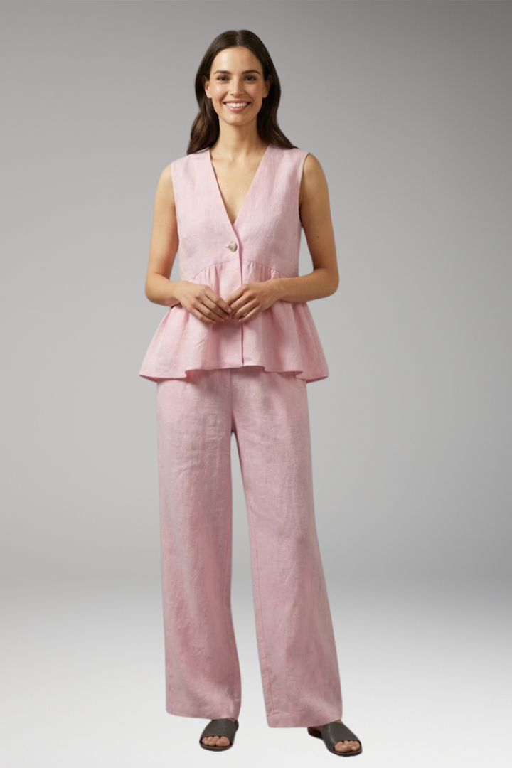 Women's Two Piece Set with V Neck Top and Wide Leg Trousers