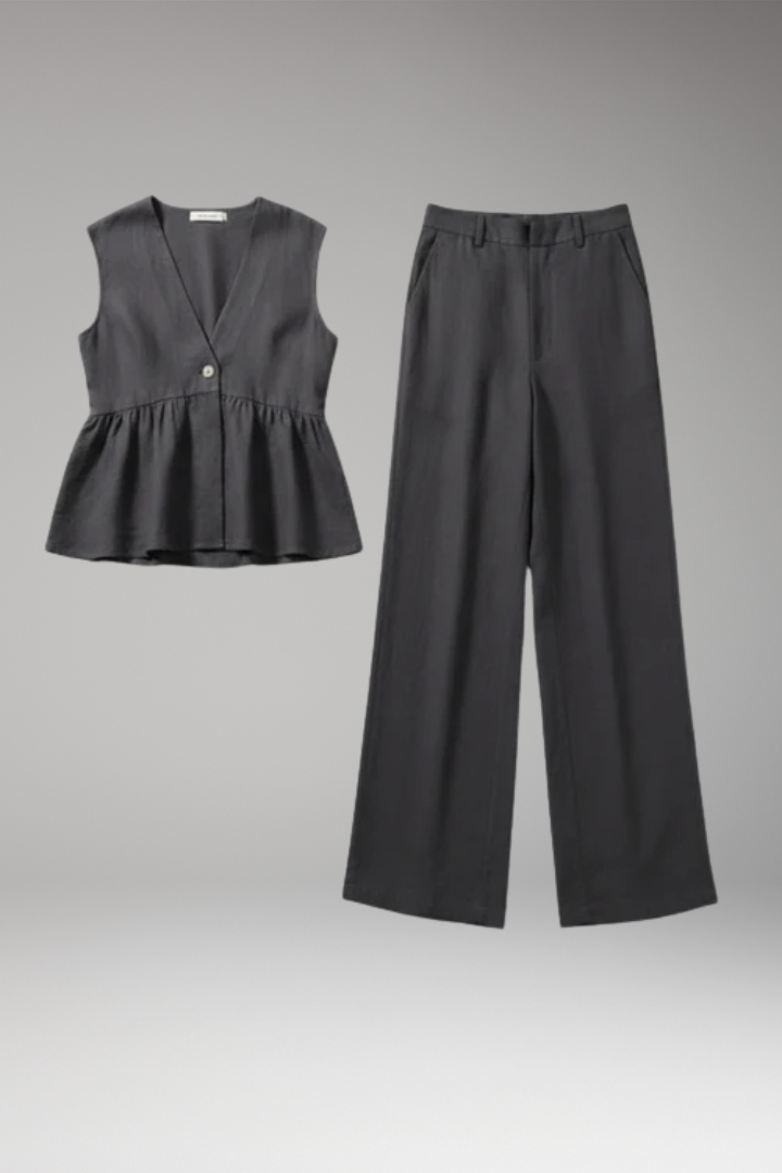Women's Two Piece Set with V Neck Top and Wide Leg Trousers
