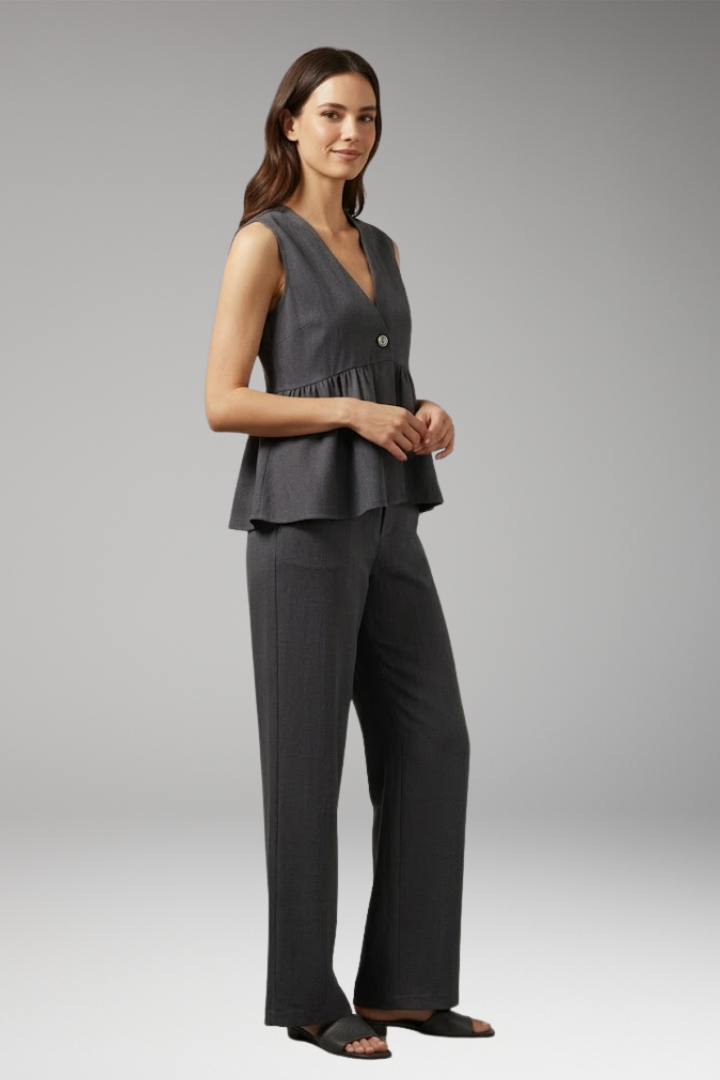 Women's Two Piece Set with V Neck Top and Wide Leg Trousers
