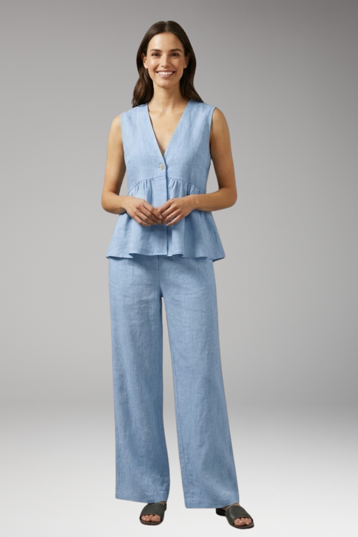 Women's Two Piece Set with V Neck Top and Wide Leg Trousers