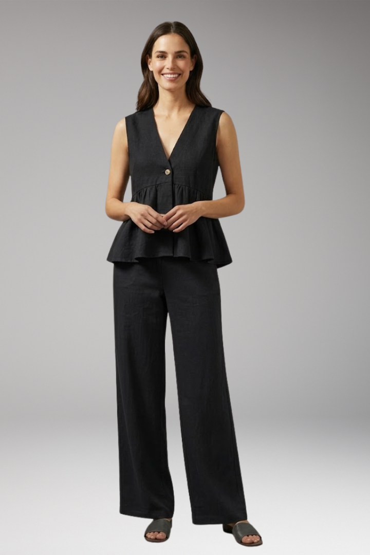 Women's Two Piece Set with V Neck Top and Wide Leg Trousers