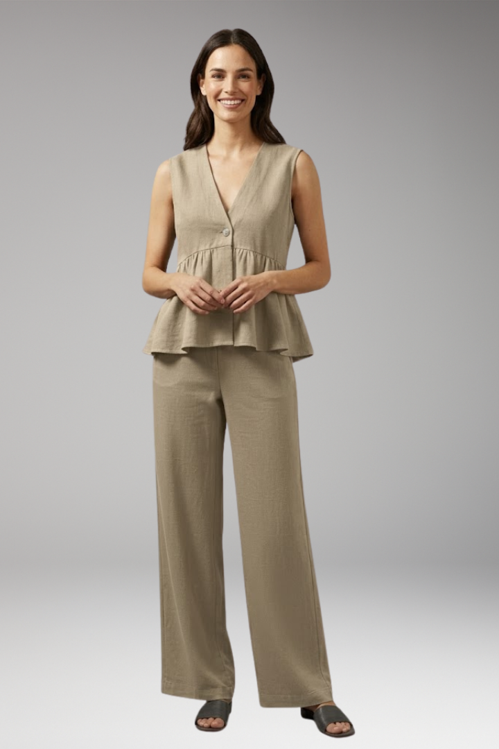 Women's Two Piece Set with V Neck Top and Wide Leg Trousers