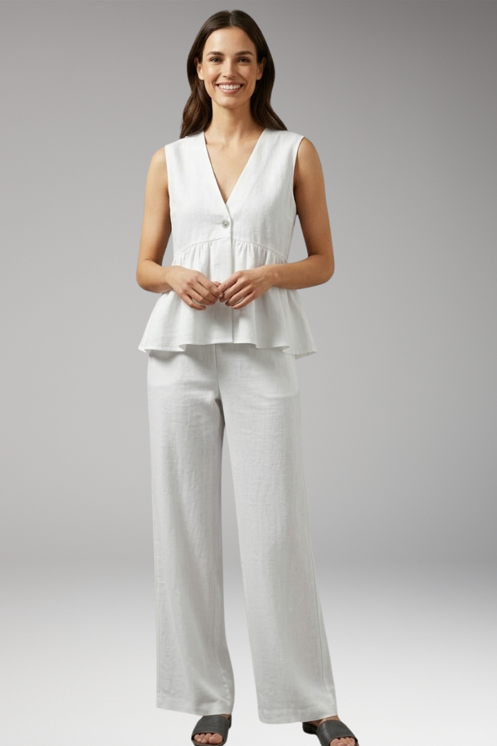Women's Two Piece Set with V Neck Top and Wide Leg Trousers