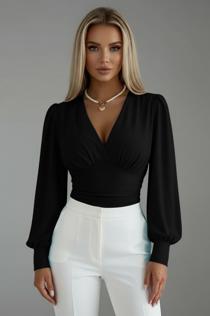 Women’s V-Neck Blouse with Ruched Waist and Long Sleeves