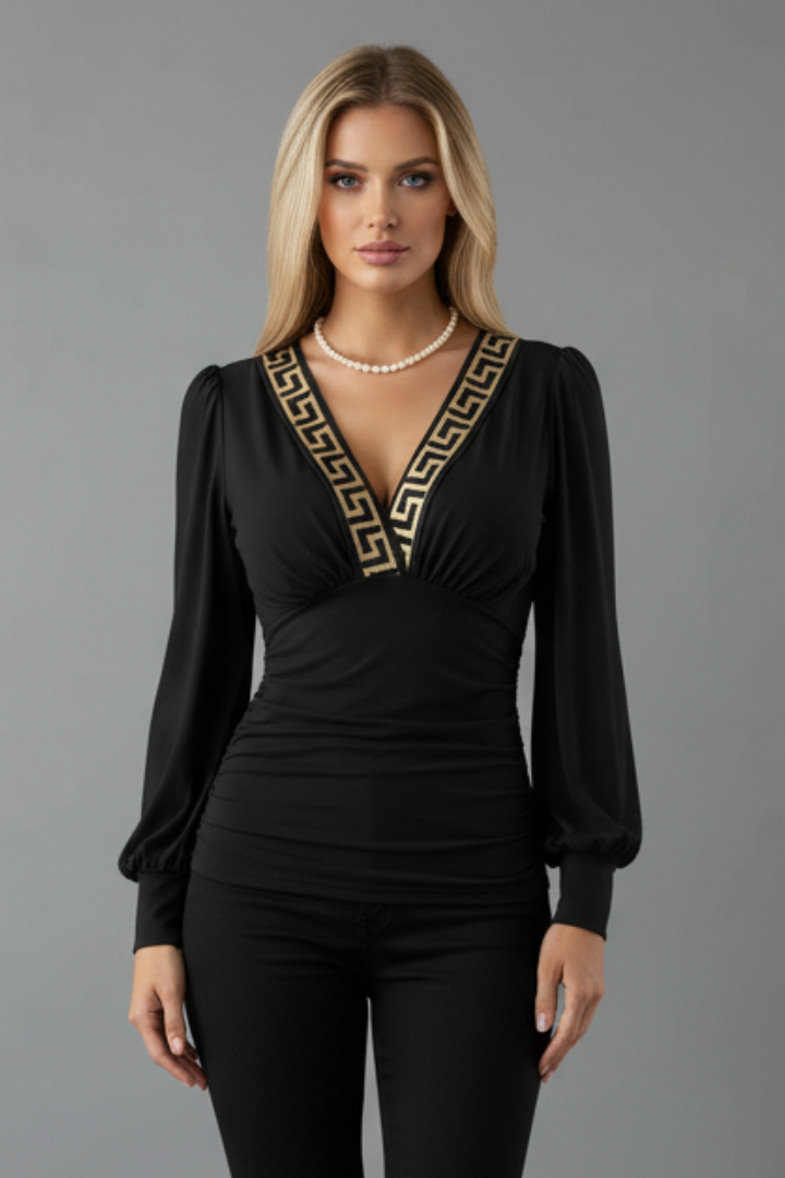 Women’s V-Neck Blouse with Ruched Waist and Long Sleeves