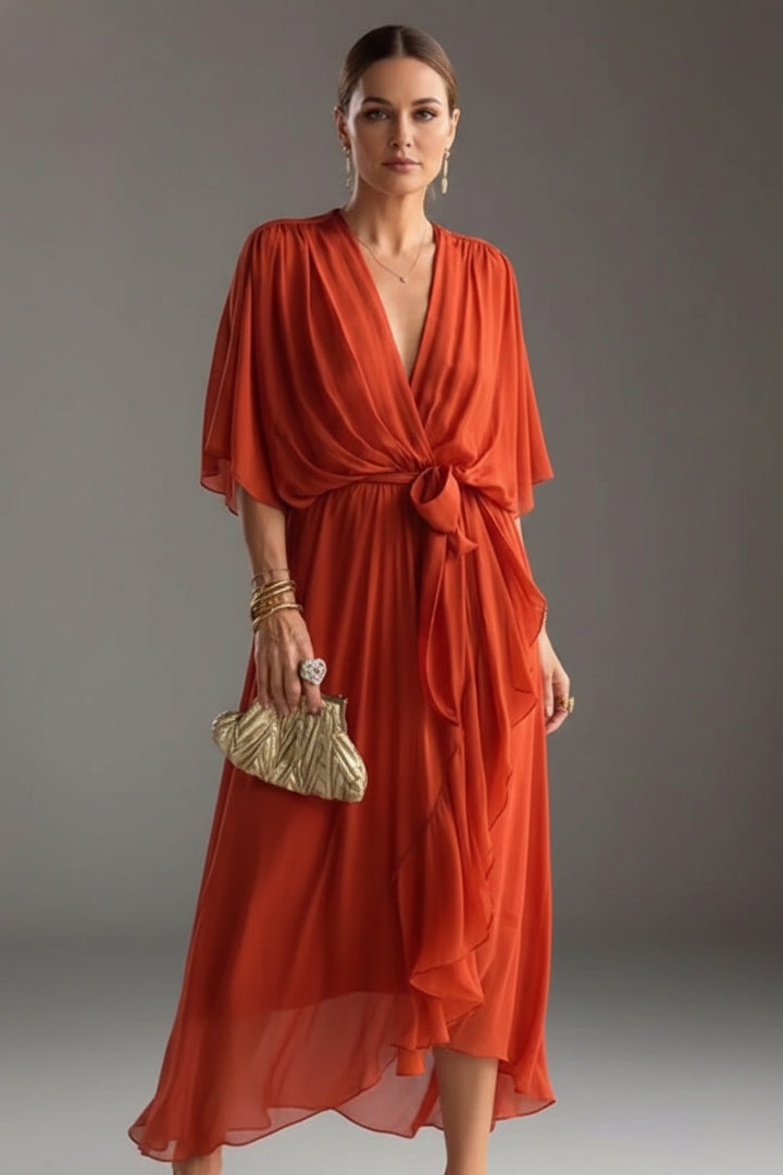 Women's V-Neck Chiffon Dress with Elegant Design and Versatile Fit