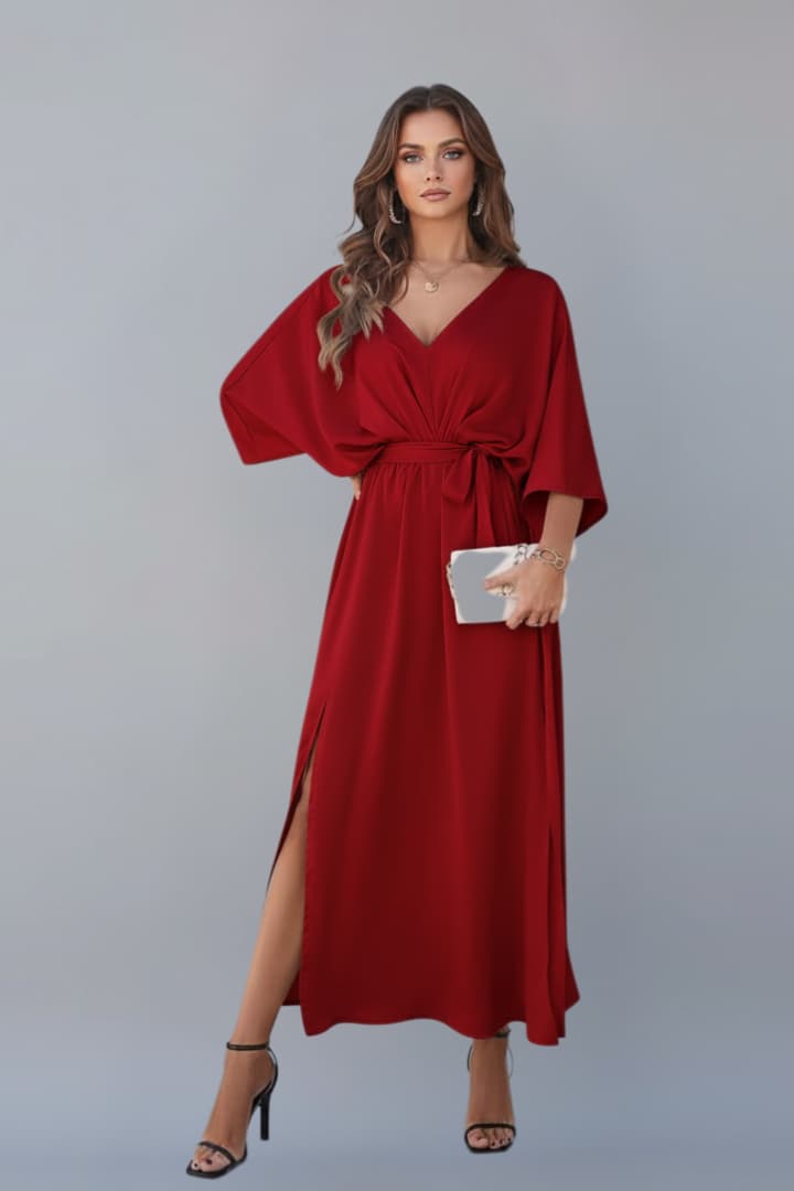 Women’s V-Neck Dress with Waist Tie and Side Slit