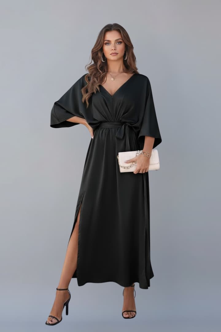 Women’s V-Neck Dress with Waist Tie and Side Slit